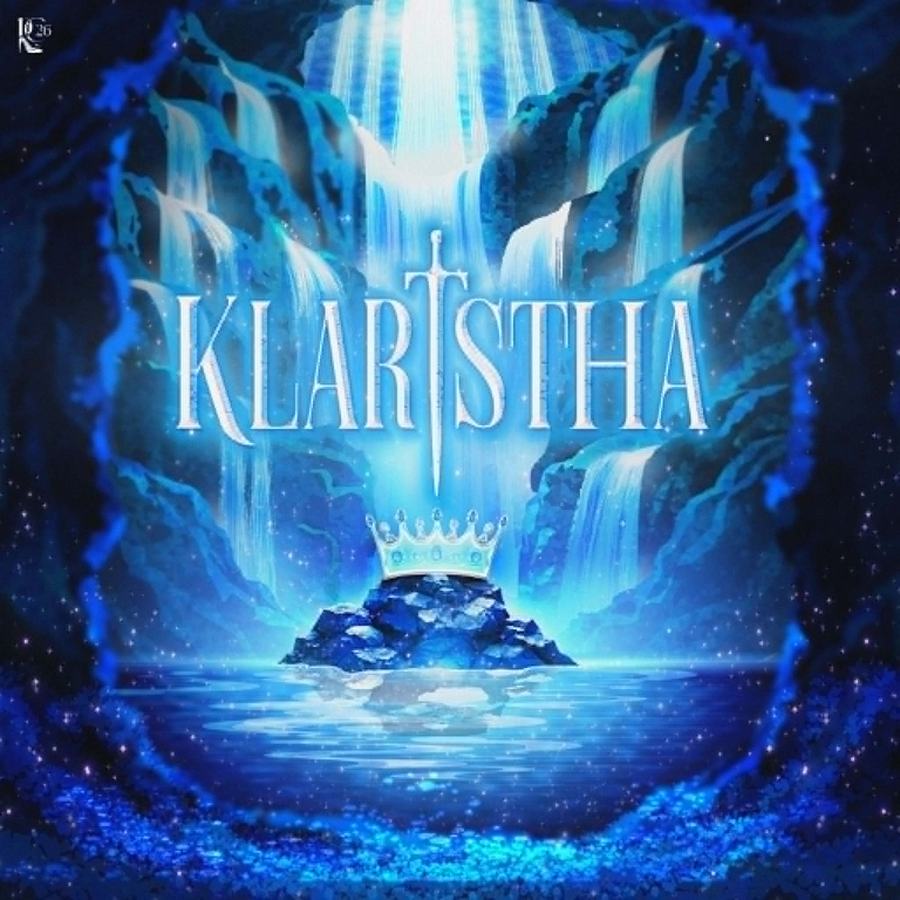 Key visual Klaristha: thác nước, thanh gươm cắm trên mỏm đá và chiếc vương miện